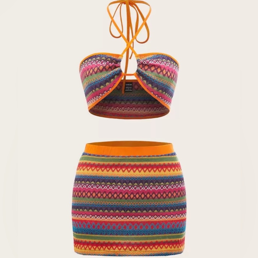 SHEIN Chevron Pattern Halter Top and Bodycon Skirt